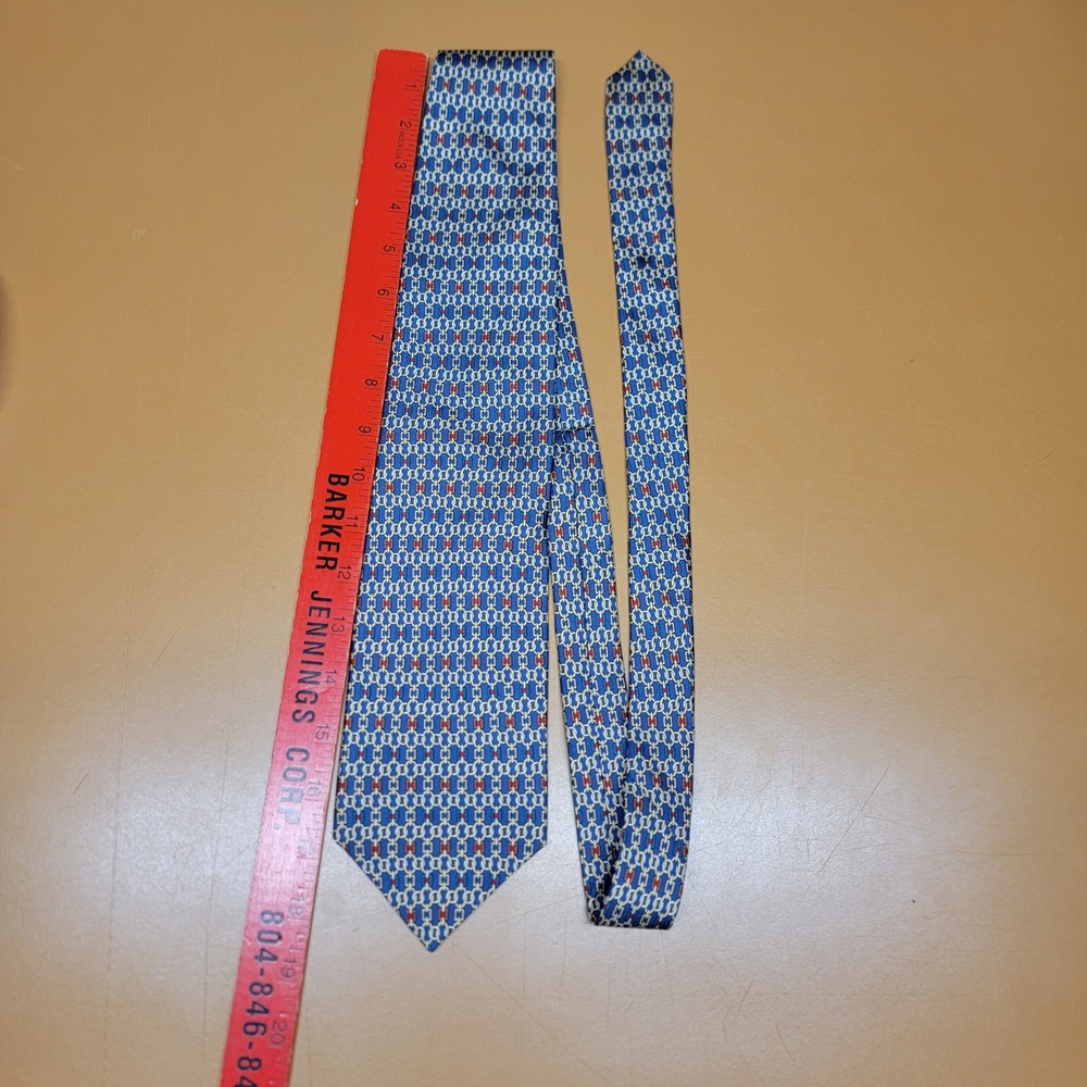 Foxx & Hawkfield Mens Silk Tie Blue Gold Red Geometric Chain Link Made in USA